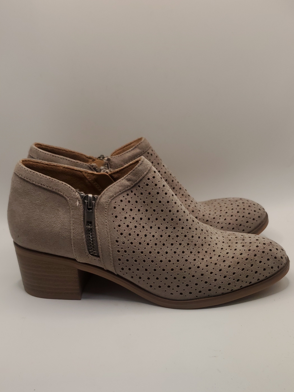 Sonoma Taupe Perforated Suede Ankle Booties with Low Block Heel - Size 8